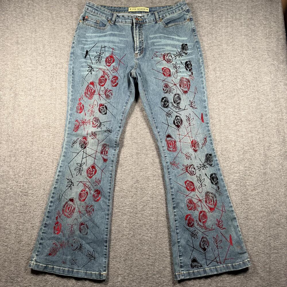 Joe Boxer Jeans Womens 15 Blue Stretch Bootcut Floral Hearts Y2K Festival BOHO